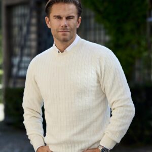 Men Crew Neck Cable White